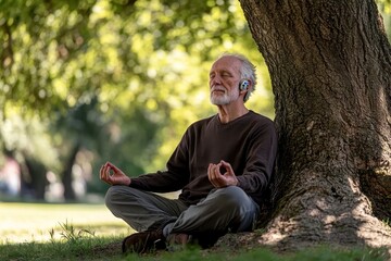 Wall Mural - Serene Elderly Man with Hearing Aid Meditating Under Tree in Peaceful Park - Mindful Aging and Ethereal Tranquility Concept