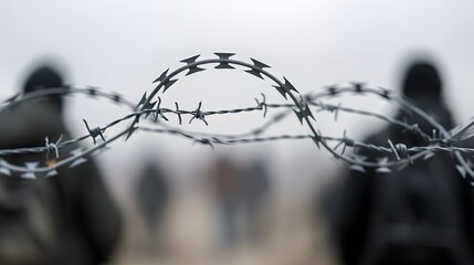 a crowd of refugees or illegal immigrants stands by a barbed wire border with copy space, the concept of crossing the border, asylum, immigration, and borderline demarcation.