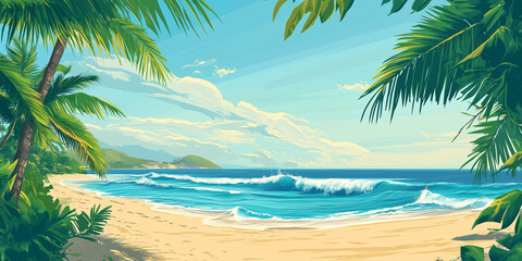 Wall Mural - Sandy beach with palm trees swaying in the breeze, waves lapping at the shoreline, flat illustration