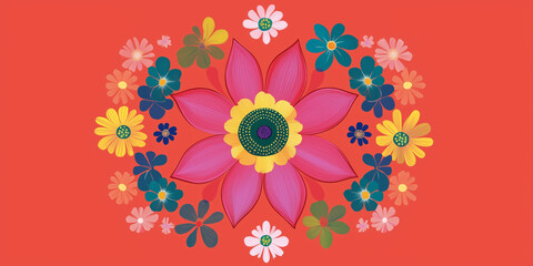 Poster - Large flower at the center with smaller flowers surrounding it in a pattern, flat illustration