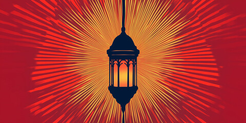 Poster - Single lantern surrounded by radiating lines in a simple symmetrical design, flat illustration