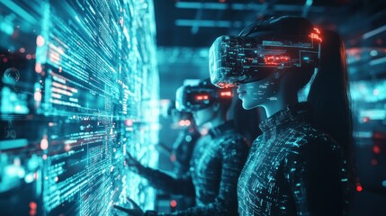 Woman wearing a VR headset interacts with a digital interface.