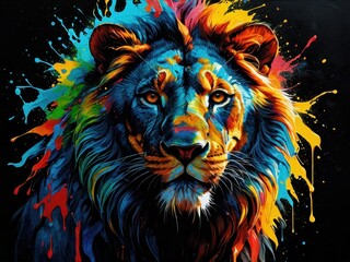  Colorful lion head portrait with dynamic splashes of paint in a vibrant artistic style