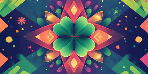 Poster - Clover placed centrally with surrounding abstract geometric shapes forming a symmetrical pattern, flat illustration