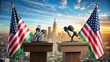 © Achiraya - Heated discussion between two politicians with flags, microphones, and podiums against a blurred cityscape background, symbolizing intense political debate and rivalry.