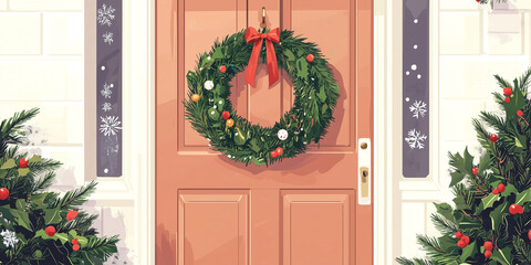 Postcard featuring a wreath on a door, space for holiday greetings and wishes, flat illustration