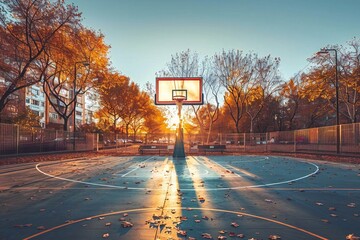 Golden hour shot of a basketball hoop at an outdoor court, with the setting sun casting long shadows on the court.