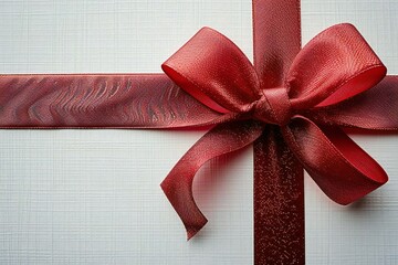 Close-up photo of a red gift bow elegantly placed on a plain white background.