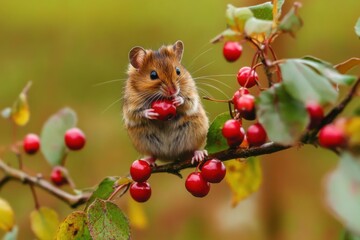 A cute mouse sits on a branch eating red berries, surrounded by leaves in an outdoor setting.