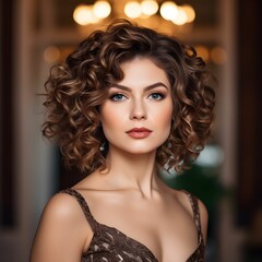 Elegant woman with curly hair posing indoors in soft lighting