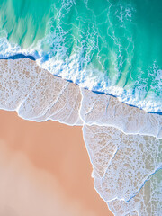 Poster - Summer seascape beautiful waves, blue sea water in sunny day. Top view from drone. Coast aerial amazing tropical nature background. Beautiful bright sea shore waves splashing, sandy beach concept. AI