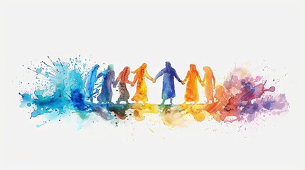 A colorful watercolor illustration showing a group of people standing in a circle holding hands, representing unity, community, togetherness, and diversity.