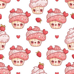 Wall Mural - Seamless pattern with cute cream cupcake with heart strawberries