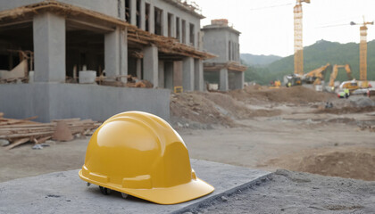 yellow protective hard hat and construction on background