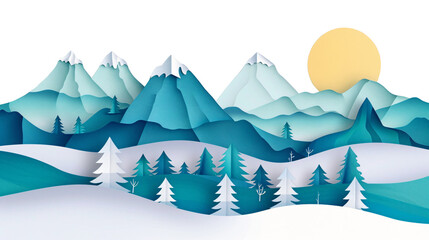 Paper art style mountain landscape illustration on transparent background. Generative AI