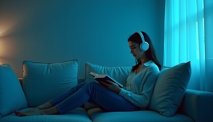 Wall Mural - Beautiful woman sitting on a minimalist sofa, reading a book and listening to music with headphones, Beautiful girls, Beautiful woman sitting on a minimalist sofa reeding book