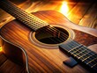 © Achiraya - Intimate perspective of intricately crafted acoustic guitar's body, showcasing rich wood grain, metallic strings, and ornate frets in warm, golden lighting.