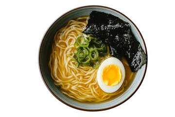 A bowl of ramen with noodles, broth, a soft-boiled egg, seaweed, and green onions on a white transparent background