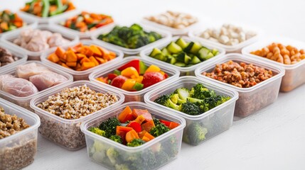 A balanced meal prep setup, featuring preportioned containers with a mix of proteins, veggies, and grains, ready for the week ahead