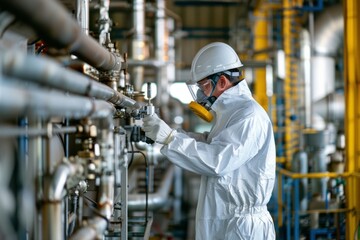 Male worker wearing protective clothing while operating equipment at a chemical plant Machine inspection work Production quality control