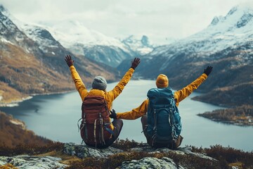 Couple friends giving five hands traveling outdoor hiking in Norway mountains adventure lifestyle positive emotions concept family together on journey, Generative AI