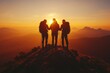 © MG - Caucasian friends hiking on top of mountain at sunset silhouette hugging each other, Generative AI