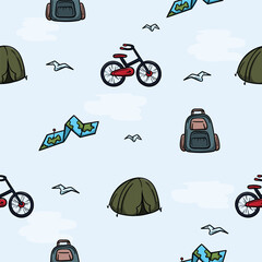 Bright seamless pattern for wrapping paper with travel attributes, bicycle, backpack, tent, map. Vector background with repeating elements. Illustration related to, camping, hiking, vacation, travel