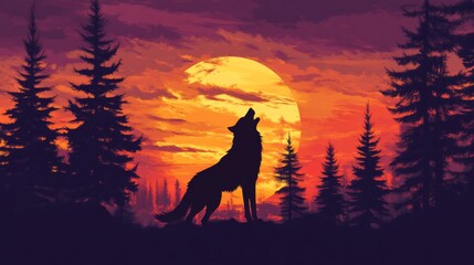 Wolf howling at sunset in forest, silhouette illustration. Wildlife and nature concept