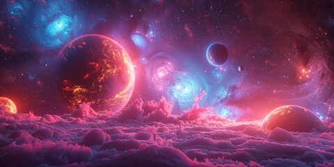 a fantasy space landscape with planets and nebulae