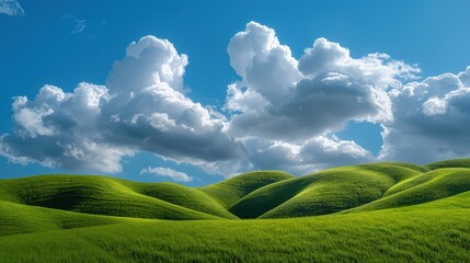 Fluffy, white clouds slowly drifting between rolling, lush green hills under a bright blue sky. The hills are covered with vibrant green grass, creating a serene and peaceful landscape.