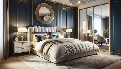 a bedroom with a large mirror and a bed with a large round mirror on the wall.