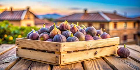 Ripe Figs in Wooden Crate with Village Background, Figs , Fruit , Wooden Crate , Village