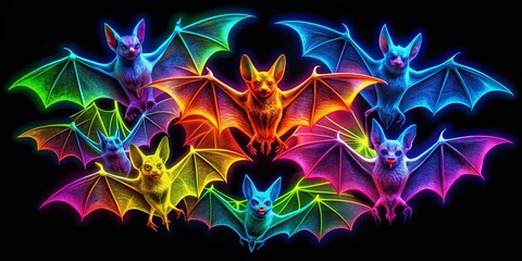 Rainbow Bats in Flight, Digital Art, Neon Bats, Black Background, Fantasy Bats, Halloween, Bats