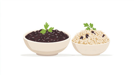 Dish of black beans beside a serving of brown rice