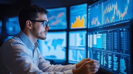 Wall Mural - A data analyst monitors financial trends on multiple screens in a dimly lit office environment during evening hours