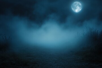 Sticker - A misty path illuminated by a full moon, evoking a mysterious and eerie atmosphere with dominant blue tones.