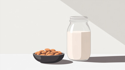 Jar of homemade nut milk beside a small dish of almonds on a kitchen countertop