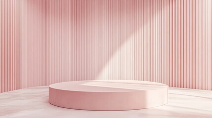 Poster - Minimalist pink podium with striped background, modern studio light setting. Contemporary design concept