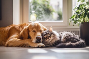 A golden retriever and a tabby cat snuggling together on the floor in a sunlit room with greenery.