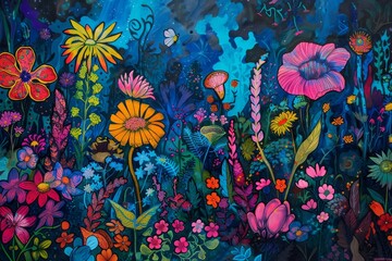 Poster - painting of field of flowers with butterfly, colorful array of wildflowers paints the landscape in vibrant hues