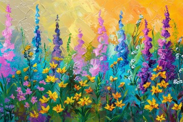 Poster - painting of field of flowers with butterfly, colorful array of wildflowers paints the landscape in vibrant hues