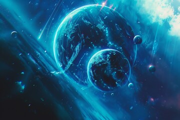 Poster - blue planet with star in the background, cosmic ballet of planets in orbit, surrounded by an aurora and dwarf stars