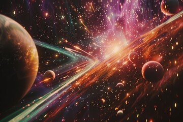 Aufkleber - blue planet with star in the background, cosmic ballet of planets in orbit, surrounded by an aurora and dwarf stars