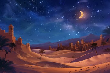 desert landscape with mountains and stars, desert scenery with towering sand dunes under starry night sky