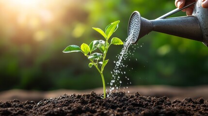 Leinwandbilder - A close-up of a person's hands holding a watering can over a sprouting plant in soil, with a soft, blurred background.