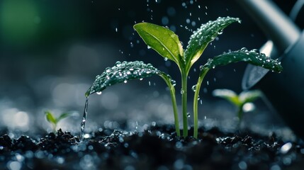 Aufkleber - A close-up view of water droplets on the leaves of a young plant, being watered with a small watering can, with a minimalistic background.