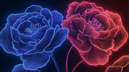 A vibrant digital illustration of two glowing flowers, one blue and one red, showcasing intricate details and luminous outlines.