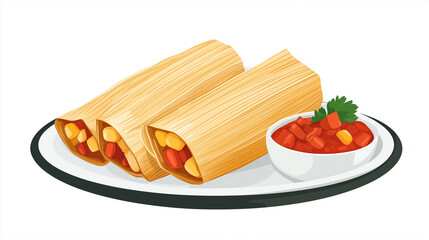 Dish of tamales wrapped in corn husks on a white plate with salsa on the side