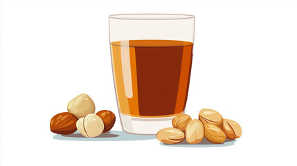 Glass of herbal tea beside a small portion of mixed nuts