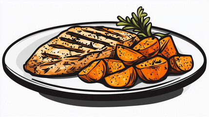 Plate of grilled chicken breast with roasted sweet potatoes, symmetrically arranged on a dinner plate